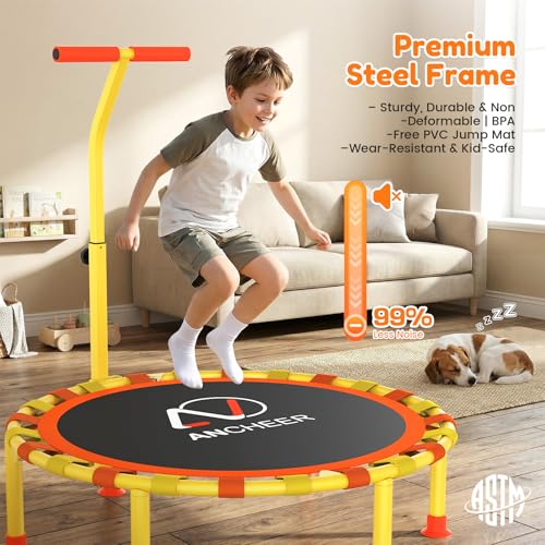 ANCHEER 38'' Kids Trampoline with Adjustable Handle, Indoor Outdoor Safe Rebounder, Heavy-Duty Recreational Trampoline with Safety Bar for Toddlers & Kids Home Play, 150lbs Weights Capacity
