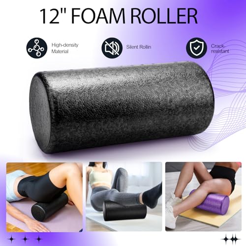 Soulchen 12 Pcs Foam Roller Set - 6 in 1 Deep Muscle Recovery Kit Includes Back Roller, Massage Ball, Muscle Stick, Fasciitis Ball, Stretch Strap & Bag for Body Physical Exercise Therapy, 2 Set