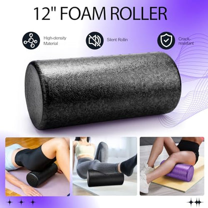 Soulchen 12 Pcs Foam Roller Set - 6 in 1 Deep Muscle Recovery Kit Includes Back Roller, Massage Ball, Muscle Stick, Fasciitis Ball, Stretch Strap & Bag for Body Physical Exercise Therapy, 2 Set