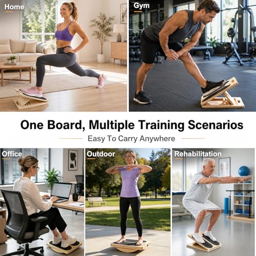 Wooden Slant Board for Calf Stretching and Achilles Stretch, 2-in-1 Adjustable Calf Stretch Board & Balance Board for Ankle Mobility, Physical Therapy and Stability Training
