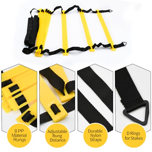 12 Rungs Agility Ladder Set, Training Ladder with Steel Stakes and Carry Bag for Soccer, Speed Fitness Feet Training - color: 1 Pack-Yellow