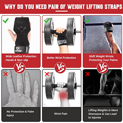 COFOF Weight Lifting Wrist Strap, Double Layer Leather Wrist Strap for Deadlift and Powerlifting, Adjustable Neoprene Padded Gym Workout Lifting Hooks (Pair) - color: Midnight Black