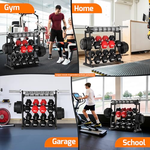 PLKOW Adjustable 3-Tier Dumbbell Rack with Barbell & Weight Plate Storage for Home Gym, Heavy Duty Steel Weight Rack Stand, Angle Height Width Adjustable Gym Organizer
