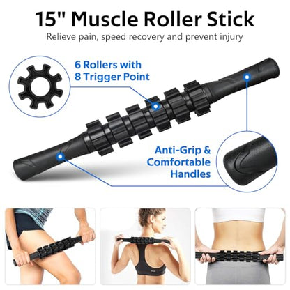 7 in1 Foam Roller Set for Deep Tissue Muscle Massager - High Density Back Roller, Muscle Roller Stick, Resistance Bands, Foot Massage Ball, Stretching Strap for Exercise, Whole Body Physical Therapy