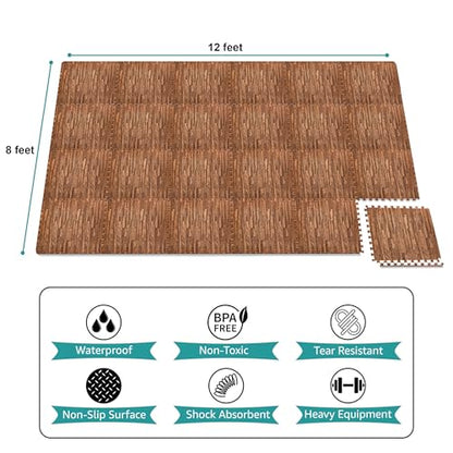 Sorbus Wood Grain Floor Tiles Foam Mat EVA Interlocking Mats Tile 3/8-Inch Thick Flooring Wood Puzzle Exercise Mats w/Borders - Home Playroom Basement, Apartment, Trade Show, Baby, Dance