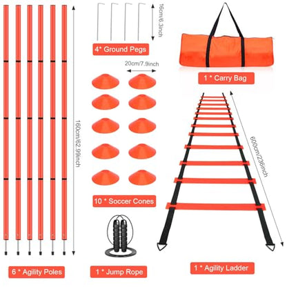 Soccer Agility Training Equipment, Includes 20ft Agility Ladder, 6 Adjustable Agility Poles, 10 Disc Cones, Jump Rope-Speed Training Set for Soccer Football Basketball Athletes - color: Orange