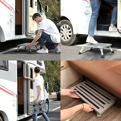 Large RV Step Stool, Adjustable Height Aluminum Folding Step Ladder with Non-Slip Rubber Feet, 1500 lbs Capacity, Safety Platform for RV, Trailer, Truck, Outdoor Use, 19" x 14.3"