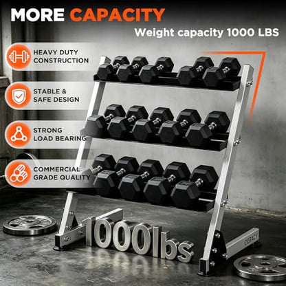 DERACY Dumbbell Rack, 3-Tier Dumbbell Weight Rack for Home Gym, Dumbbell Set Organizer for Dumbbell Kettlebell Barbell, Heavy Duty Weight Storage Rack, Dumbbell Stand Only