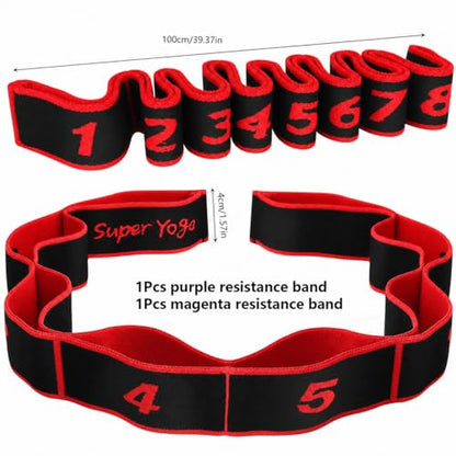 2 Pack Multi Loop Yoga Strap, 8-Section Segmented Yoga Strap with Loops, Cotton Blend Stretching Strap for Pilates, Dance, Gymnastics & Flexibility Training (Blue, Red)
