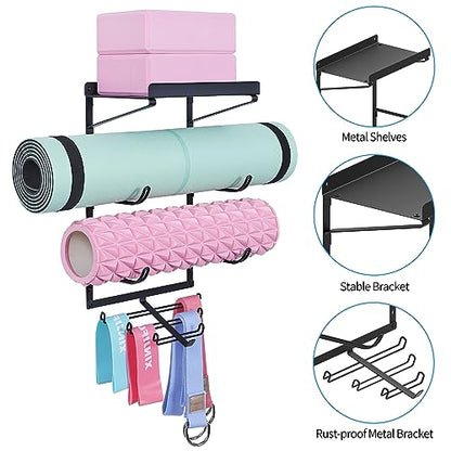 Yoga Mat Holder Wall Mount Yoga Mat Storage Rack Home Gym Accessories with 3 Sectional and 7 Hooks for Hanging Foam Roller and Resistance Bands at Fitness Class or Home Gym