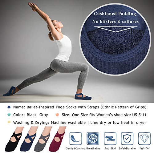 Ozaiic Pilates Socks for Women Non Slip Grip Yoga Barefoot Indoor Workout - color: 4 Pairs - Black/Navy/D.gray/ Burgundy