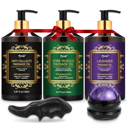 3 Pack Massage Oil for Massage Therapy, Lavender Oil for Relaxation, Sore Muscle Arnica Oil & Cellulite Massage Oil, with Massage Roller Ball & Thumb Saver Tool, Massage Kit for Him Her