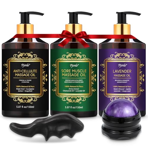 3 Pack Massage Oil for Massage Therapy, Lavender Oil for Relaxation, Sore Muscle Arnica Oil & Cellulite Massage Oil, with Massage Roller Ball & Thumb Saver Tool, Massage Kit for Him Her