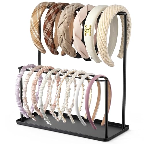 Headband Holder Organizer Metal 2-Tier with Tray: Hair Accessories Display Stand Storage Hairband Rack Necklace Stand Home Bedroom for Girls Women, Black