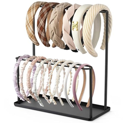 Headband Holder Organizer Metal 2-Tier with Tray: Hair Accessories Display Stand Storage Hairband Rack Necklace Stand Home Bedroom for Girls Women, Black