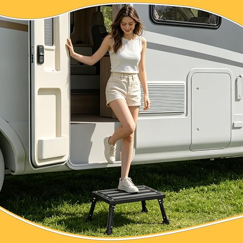 500 lbs Heavy Duty RV Step Stool, Foldable Extra Wide Platform, 3 Adjustable Heights, Rust-Proof Aluminum Legs, Non-Slip Blow-Molded Surface, Portable Step for RV, Trucks, SUVs & Pets (Black)