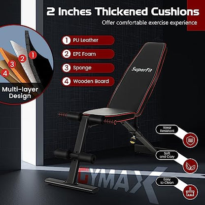GYMAX Weight Bench, Adjustable Bench Press with 8 Back Positions & 3 Foot Positions, Padded Back & Seat Cushions, Incline/Decline/Flat Workout Bench for Weight Lifting Strength Training Home Gym