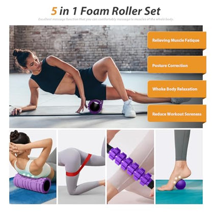 5 in 1 Foam Roller Set for Deep Tissue Muscle Massage, High Density Trigger Point Fitness Patented Exercise Foam Roller, Massage Roller, Massage Ball, Resistance Band, for Whole Body(Purple)
