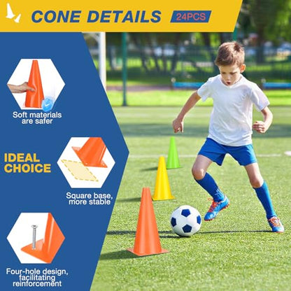 12 Inch Sports Cones Set of 24,Durable Training Cones for Soccer,Football, Basketball Drills - Multi-Purpose Agility Cones for Indoor & Outdoor Practice