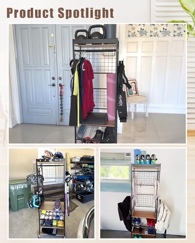 Mythinglogic Weight Rack for Dumbbells, Home Gym Storage for Yoga Mat Dumbbells Kettlebells and Strength Training Equipment, Dumbbell Rack with Wheels and Hanging Hooks