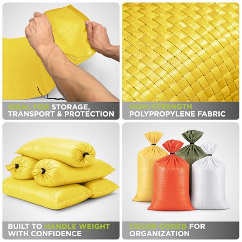 Heavy Duty Sand Bags Pack of 12, Bright Yellow Empty Sandbags with Built-In Ties, Woven Polypropylene UV Protection 1600 Hours, Fillable Bags for Flood Control, Weight, 14x26 inches, 50 Pounds Volume - size: 14"W x 26"L, style: Pack of 12