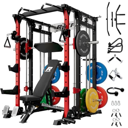 RitFit Buffalo Smith Machine, Power cage with LAT-Pull Down System & Cable Crossover System, All-in-One Squat Rack for Home Gym, Power Rack - color: RED, size: Package(With CP370)