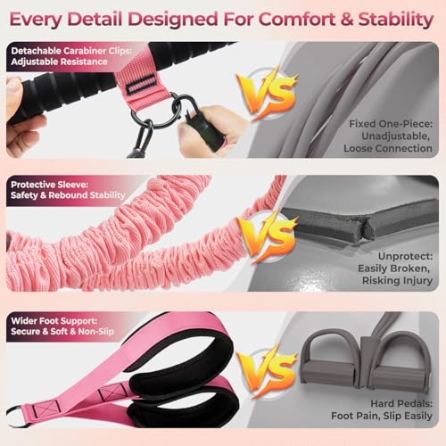 Upgraded Multifunction Pedal Resistance Band with Handle, 3 Tube Adjustable Resistance Bands, Full Body Fitness Exercise Equipment for Abdomen, Waist, Arm, Core/ABS, Leg, Physical Therapy (Pink)