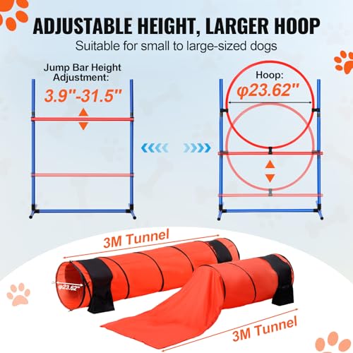 VEVOR Dog Agility Course Backyard Set, 13pcs Agility Training Equipment for Dogs, 2 Tunnels with Sandbags,Adjustable Hurdles,Weave Poles,Jump Ring,Pause Box, Puppy Obstacle Course Kit with Storage Bag - size: 13 Pcs Upgraded Set