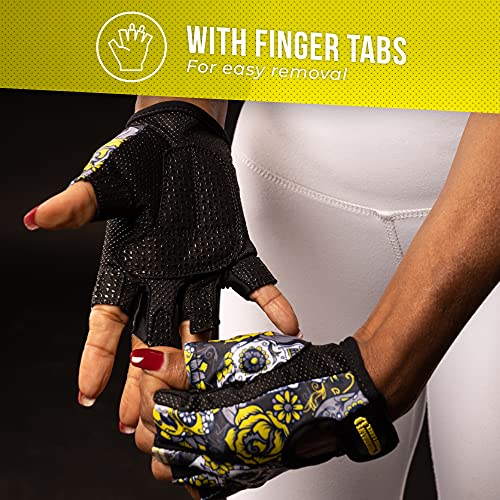 Contraband Pink Label 5237 Womens Designer Workout Gloves | Sugar Skull Print w/Grip-Lock™ Padding (Yellow, Medium) - color: Yellow, size: Medium