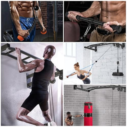 SELEWARE 48'' Heavy Duty Pull Up Bar Wall Mount Multi-function Chin up Bar with Home Gym Cable Pulley System LAT Pulldown Workout Attachments Heavy Bag Hanger - color: A. Black Pull Up Bar with Cable Pulley System