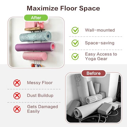Yoga Mat Holder Accessories Wall Mount Organizer Storage Decor Foam Roller and Towel Storage Rack with 4 Hooks and Wooden Shelves Yoga Mats Rack Resistance Bands for Home Gym School Office