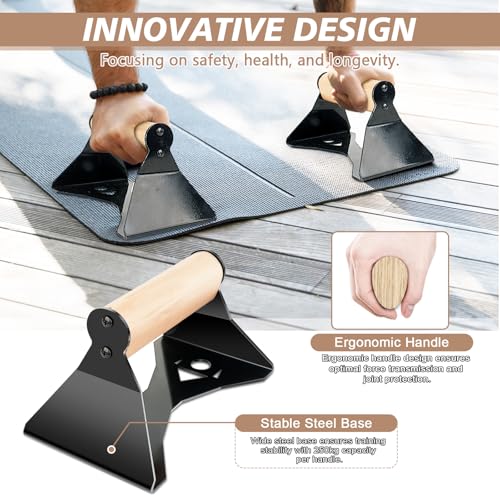 Parallettes Push Up Handles - Heavy Duty Steel Frame with Ergonomic Beech Wood Grips, Calisthenics Equipment for Strength Training, Anti-Slip Push Up Bars for Home Gym (250kg Capacity)