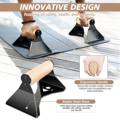 Parallettes Push Up Handles - Heavy Duty Steel Frame with Ergonomic Beech Wood Grips, Calisthenics Equipment for Strength Training, Anti-Slip Push Up Bars for Home Gym (250kg Capacity)