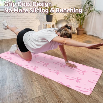 Pink Bow Yoga Mat Towel with Grip Dot Preppy Coquette Bow Non Slip Ultra Absorbent Soft Microfiber Towel Without Hot Yoga Mat 72 x 24 Inch for Pilates Fitness Gym Women Birthday Gifts