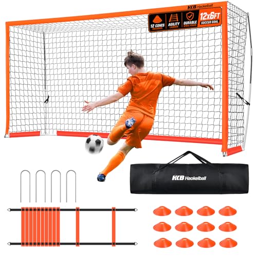 12x6 FT Soccer Goal for Backyard, Portable Soccer Net with Heavy-Duty Metal Frame, Quick Setup Training Equipment for Youth & Adults, Includes Agility Ladder, Cones, Stakes & Carry Bag - color: Orange