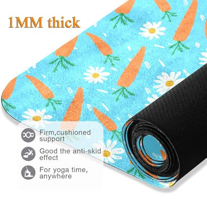 Carrots Daisies Blue Thin Yoga Mat for Women Men, Non-Slip Rubber Base Sweat Absorbent Exercise Mat for Indoor/Outdoor, Portable Foldable with Storage Bag, 71"x26"