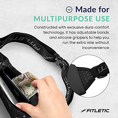Fitletic Modern Sports Running Belt For Men & Women – Water Resistant Pouch - Fits All Smart Phones- Lightweight, Low Profile Design –Lycra Coated With Inner Card Organizer Pocket - color: Black