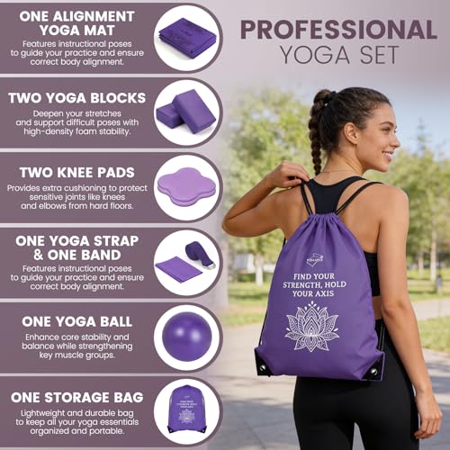 Foldable Yoga Mat and Blocks Set for Women with 2 Pack Yoga Blocks and Strap,Thin Non Slip Pilates Mat with Bag, Home Workout Equipment Essentials Starter Kit for Beginners Full Body Toning - color: Purple