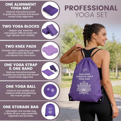 Foldable Yoga Mat and Blocks Set for Women with 2 Pack Yoga Blocks and Strap,Thin Non Slip Pilates Mat with Bag, Home Workout Equipment Essentials Starter Kit for Beginners Full Body Toning - color: Purple