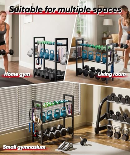 Adjustable Dumbbell Rack, Weight Storage Stand Holder for Dumbbells & Kettlebells, Heavy-Duty Metal Home Gym Workout Organizer with Hook for Gym Equipment Accessories (Rack Only)