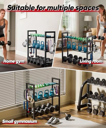 Adjustable Dumbbell Rack, Weight Storage Stand Holder for Dumbbells & Kettlebells, Heavy-Duty Metal Home Gym Workout Organizer with Hook for Gym Equipment Accessories (Rack Only)