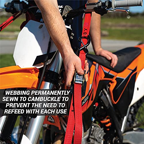 Heavy Duty Motorcycle Tie Down Straps - 1" x 8' Cam Buckle Straps with Soft Loops & Safety Hooks - Secures Motorbikes, Dirtbikes, ATV, UTV - 2 Pack Red - color: Red