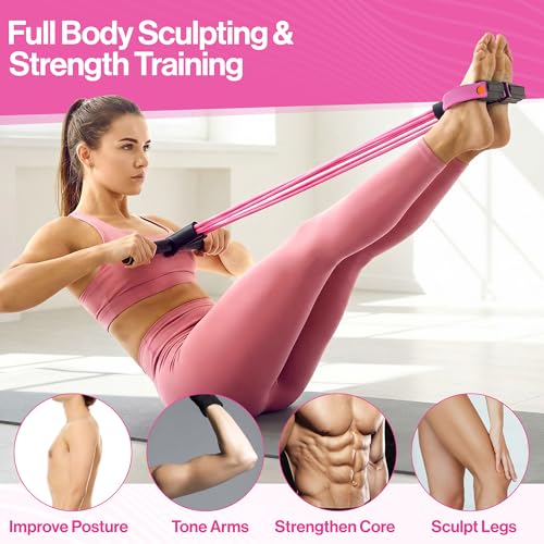 Pedal Resistance Band with Handle, 6 Tube Multifunction Foot Pedal Resistance Band, Arm & Waist Training Tummy Trimmer Ab Workout Equipment for Home Gym Men Women - color: Pink