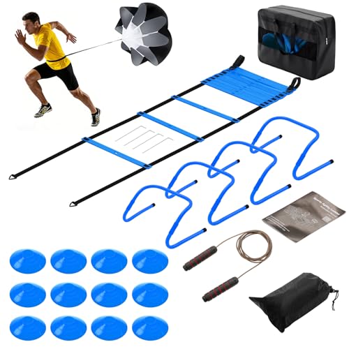 Soccer Agility Training Equipment Set with 20ft Speed Ladder, 12 Cones, 4 Agility Hurdles, Jump Rope & Resistance Parachute, Speed & Footwork Training Kit for Kids, Youth & Adults