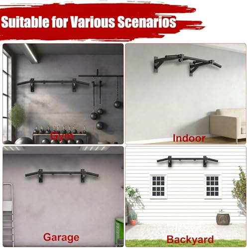Wall Mount Pull Up Bar, Heavy Duty Steel PullUp Bar Fits Wood Studs, Multi Grip Pull Up Bar with Ball Finger & Round Rings, for Home Gym Garage Basement Strength Training Chin Up Bar