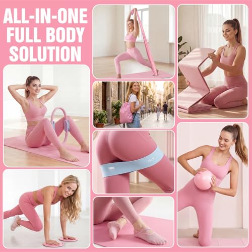 Foldable Pilates Kit for Women – Portable Home Workout Set with Compact Pilates Mat, Ring, Ball, Resistance Bands & Sliders for Small Spaces, Travel & Beginner Full Body Training
