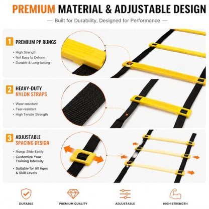 Agility Ladder Speed Training Set with Cones & Carry Bag, Adjustable Soccer Training Equipment for Football, Fitness and Sports Drills - size: includes 22.97ft 13 rungs