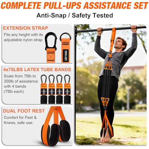 Heavy Duty Pull Up Assistance Bands, Pull Up Assist Band with Dual Foot Rests for Men, Adjustable 4 Resistance Bands for Back Workout, Home Gym Strength Training Equipment for Pull Up Bar