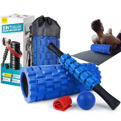 Krightlink 5 in 1 Foam Roller Set for Deep Tissue Muscle Massage, High Density Trigger Point Fitness Patented Exercise Foam Roller, Massage Roller, Massage Ball, Resistance Band, for Whole Body - color: Deep Blue