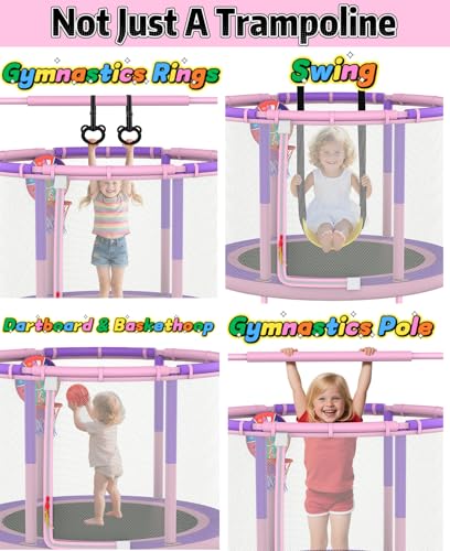 60" 6-in-1 Kids Trampoline, 5ft Mini Toddler Trampoline for Girls Boys - color: Pink&Purple 6-in-1